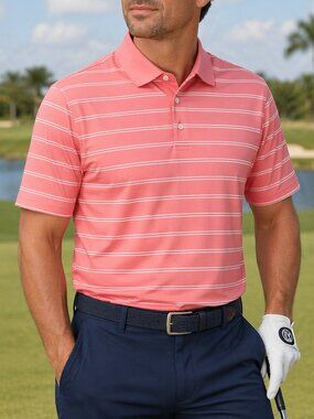 PGA Tour Men’s XL Golf Polo Shirt Coral White Striped Short Sleeve Performance